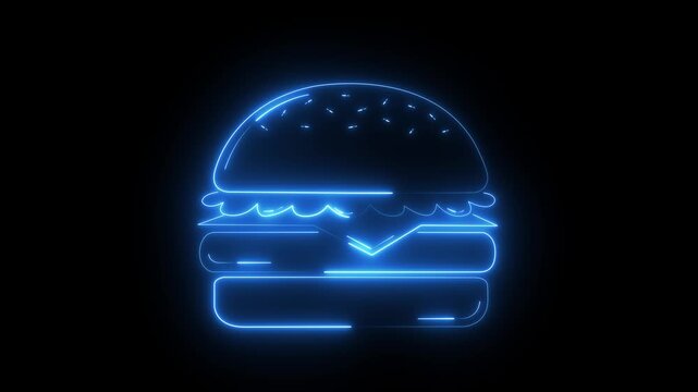 Glowing neon hamburger sign animation, fast food restaurant concept, blue light outline of cheeseburger on black background. 4k video animation