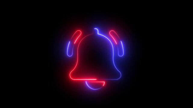 Glowing neon notification bell pulsing with alert animation on black background . 4k video motion graphic animation 