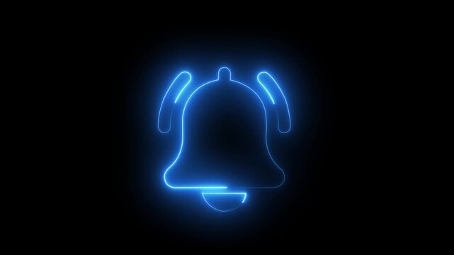 Glowing blue neon notification bell animation for social media alerts and UI concept. 4k video motion graphic animation .