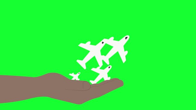 Hand Holding White Airplanes Animation, Travel Agency Concept, Global Aviation and Transportation Industry, Business Logistics, Flight Booking and Vacation Planning, 4K Motion Graphics, Flat Style