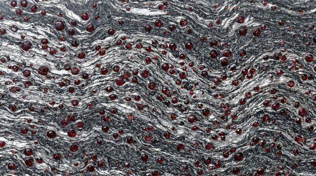 Exquisite natural garnet crystals embedded within a striking dark metamorphic mica schist rock formation displaying detailed geological wavy mineral textures and vibrant deep red gemstone patterns