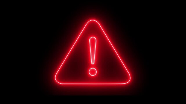 Glowing red neon warning sign with exclamation mark symbol on black background.4k video motion graphic animation .