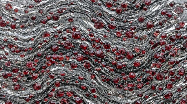 Exquisite natural garnet crystals embedded within a striking dark metamorphic mica schist rock formation displaying detailed geological wavy mineral textures and vibrant deep red gemstone patterns
