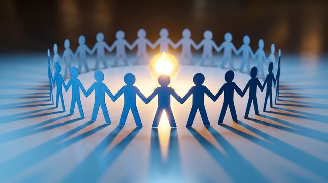 Business team unity and innovation concept with people around lightbulb