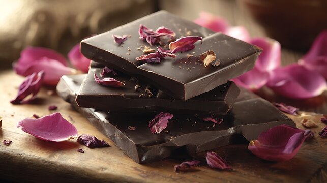Dark Chocolate with Rose Petals on Rustic Wooden Table Luxury Gourmet Dessert Romantic Food Close Up