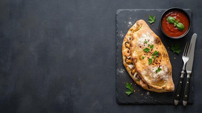 Delicious seafood calzone with tomato sauce on a black slate plate perfect for italian food lovers and pizza banner inspiration