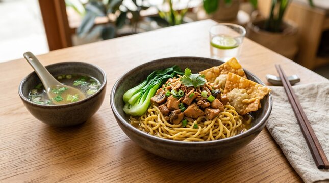 Traditional Indonesian mie ayam jamur in a ceramic bowl on wooden table