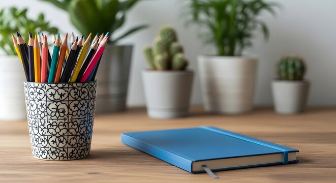 Closeup of a decorative pencil holder with colorful pencils and a blue notebook on a wooden desk with potted plants in the background