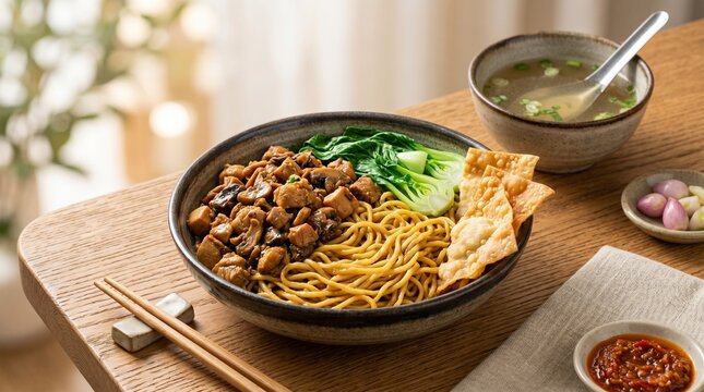 Authentic Indonesian mie ayam served with seasoned diced chicken and mushrooms