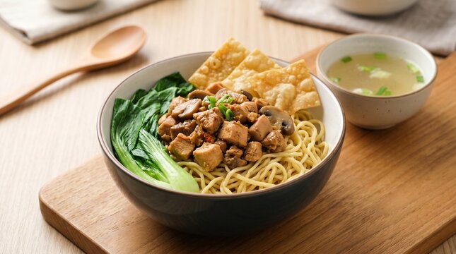 Professional food photography of Indonesian mie ayam jamur chicken mushroom noodles
