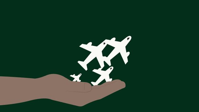 Hand Holding White Airplanes Animation, Travel Agency Concept, Global Aviation and Transportation Industry, Business Logistics, Flight Booking and Vacation Planning, 4K Motion Graphics, Flat Style