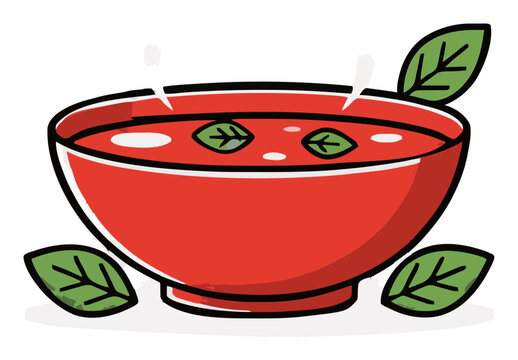 Steaming tomato basil soup bowl vector illustration. Generative AI