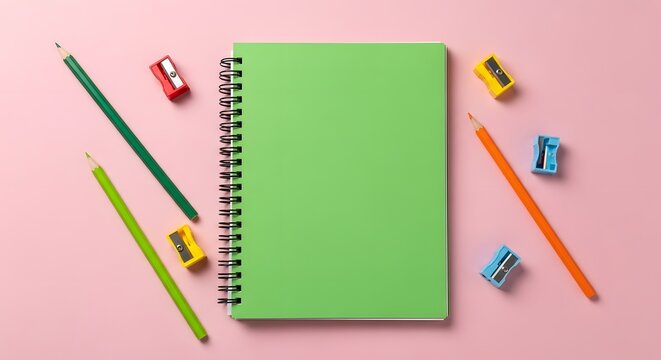 Top view of a green spiral notebook surrounded by colorful pencils and sharpeners on a pink background