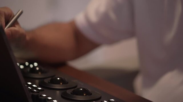 Tilt up shot from grading console panel to focused Asian male colorist with glasses concentrating on tablet screen in warm moody studio