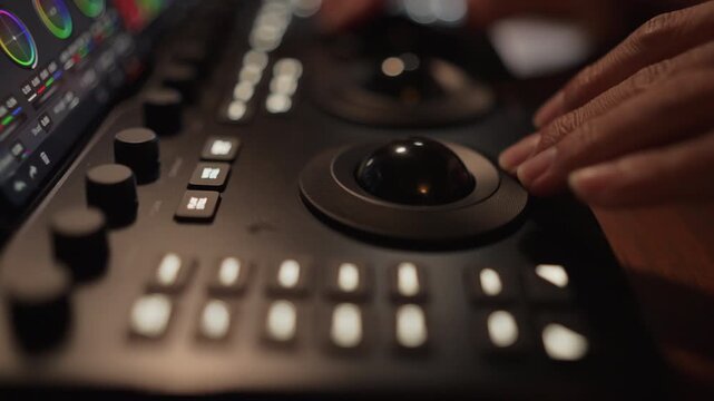 Slow motion close up arc shot of colorist hands precisely adjusting glowing hardware console knobs with beautiful studio bokeh