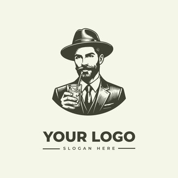 Vintage style illustration of a stylish man in a suit and hat drinking from a glass.