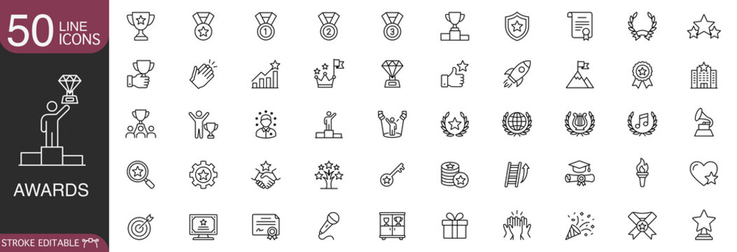 Awards and achievements line icon vector set featuring trophies, medals, success rewards, and winner recognition concepts with editable stroke.
