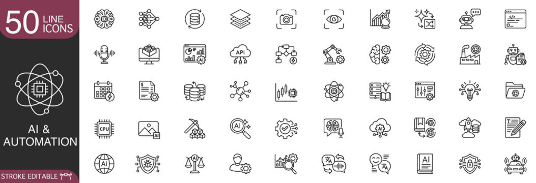 Artificial intelligence and automation line icon vector set featuring machine learning, robotics, future technology, and smart data concepts with editable stroke.
