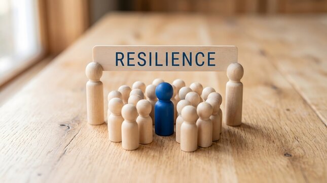 wooden doll peg arranged and One doll peg  stands out in a bold contrasting color in the center with the word "RESILIENCE"