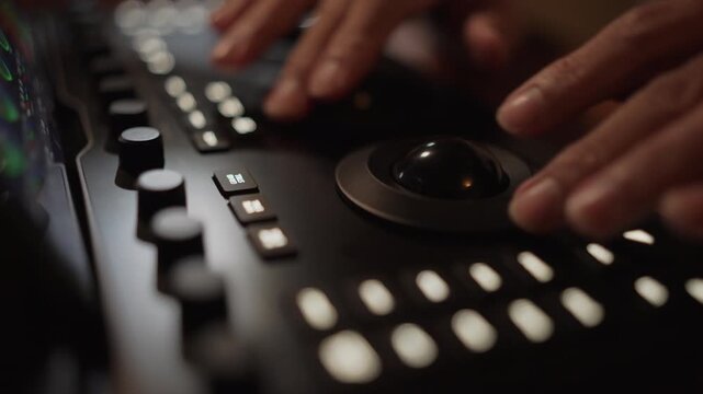 Slow motion extreme close up arc shot of hand tuning single knob transitioning behind dark monitor frame for 50/50 split outro