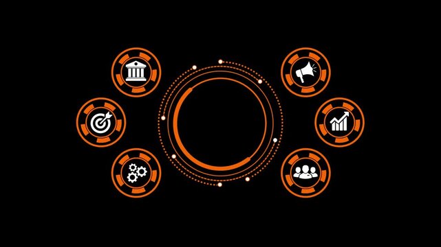 Abstract business infographic interface with rotating icons and circles.