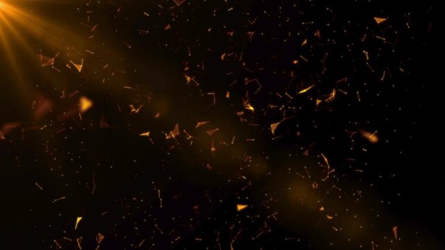 Golden light particles flying through dark space with beam of light