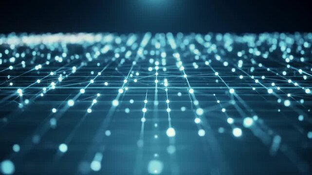 Abstract digital network grid with glowing blue connections, data flow, technology, cyberspace, futuristic background