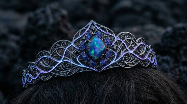 Gothic Filigree Tiara Crown with Central Fire Opal on Hair Background