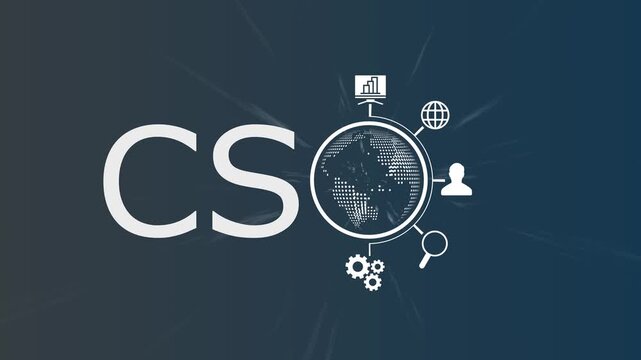 Global Customer Support and CSO Concept Animation with Digital Global, Business Analytics, Communication, Service Network and Technology Icons on Dark Background
