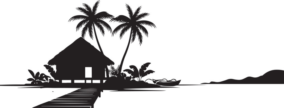 Silhouette Tropical island hut with palm trees and wooden dock