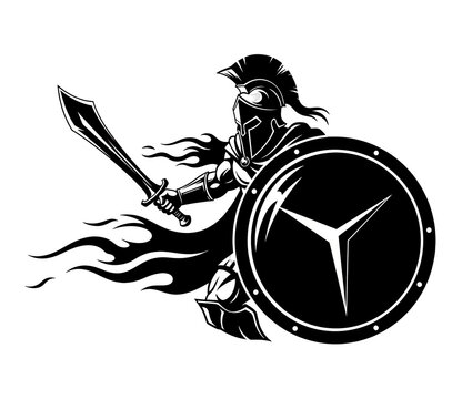 Spartan warrior with sword and shield, ready for battle with flowing cape