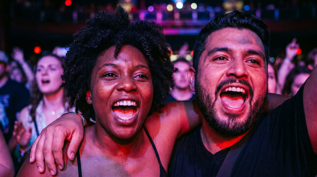 Rock music concert fans singing together celebrating for festival entertainment friendship social gathering marketing greeting card poster design