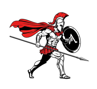 Greek Spartan warrior with spear and shield, red cape, ready for combat