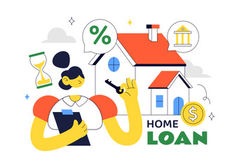 Obraz premium Home Loan Vector Illustration Featuring Mortgage Approval, Property Financing, Interest Rate Planning, Home ownership, and Real Estate Investment