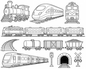 Fototapeta premium Trains and railway line art set coloring page with steam locomotive high speed train and freight wagons outline illustration
