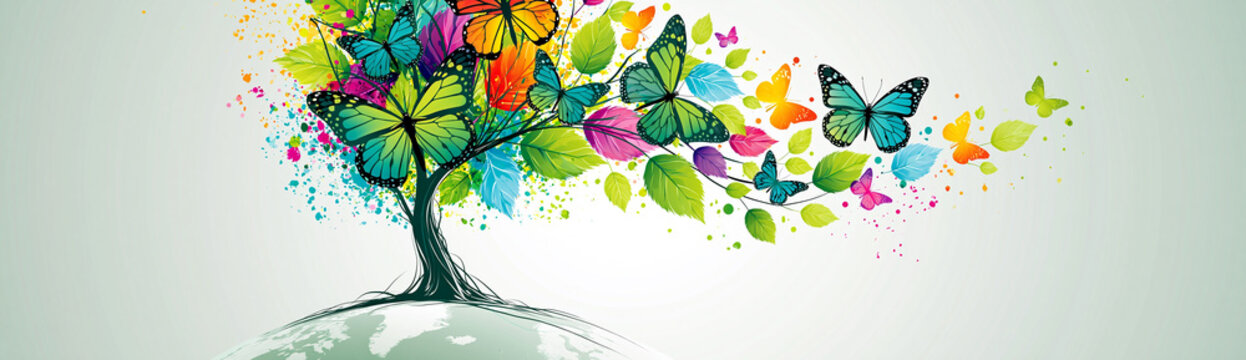 Colorful illustration of a tree with vibrant leaves and butterflies flying around, symbolizing growth and nature's beauty.