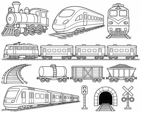 Trains and railway line art set coloring page with steam locomotive high speed train and freight wagons outline illustration