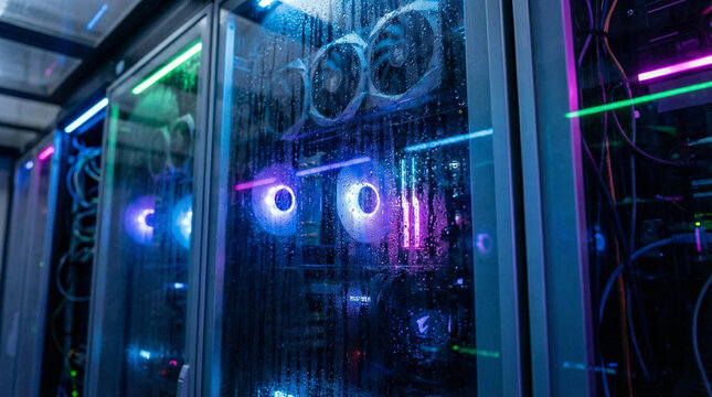 Close-up of enterprise server racks behind condensation glass with RGB cooling fans, showcasing advanced cooling, data center reliability and IT infrastructure.