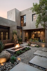 Obraz premium Modern courtyard with an outdoor fire pit at dusk