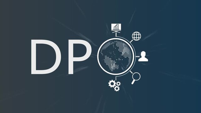 Digital Product DPO Concept Animation with Global Data Network, Business Analytics, Customer Management, Technology Icons and Worldwide Digital Service System on Dark Background