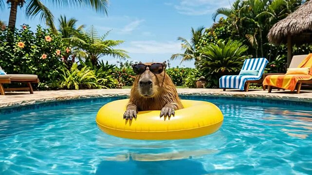 Dog Relaxing on Float in Tropical Pool with Lounge Chairs