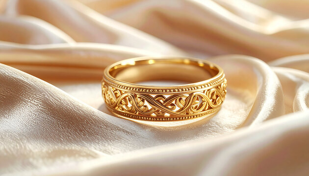 Elegant gold ring with intricate design resting on soft textured fabric background