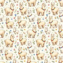 Fototapeta premium Cute Alpaca Seamless Pattern with Floral Garland and Wildflowers, Watercolor Llama Background for Nursery, Kids Fabric, Wrapping Paper and Children's Textile Design