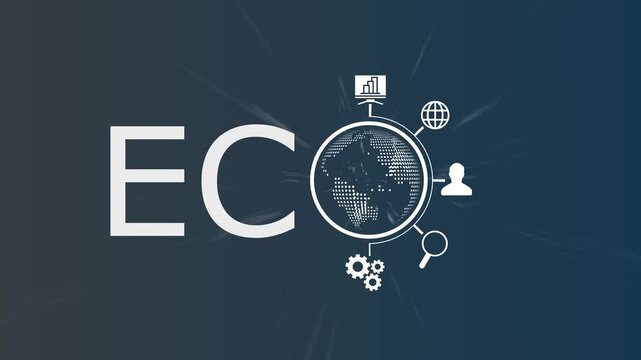 Enterprise Communication ECO Concept Animation with Global Business Network, Data Analytics, Customer Management, Technology Icons and Worldwide Digital Service System on Dark Background