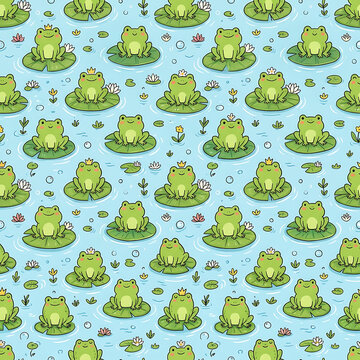 Cute Frog Seamless Pattern on Blue Pond Background with Lily Pads, Kawaii Cartoon Frog Repeat Texture for Kids Fabric, Wrapping Paper, Nursery Decor and Surface Design