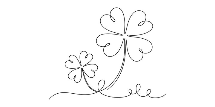 Single line drawing of two four-leaf clovers with curly stems and a simple ground line