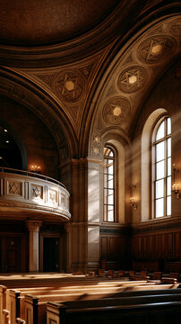 Synagogue Interior with Light Rays: Sunlight streams through tall arched windows, illuminating the ornate details and warm wood of a grand synagogue interior, casting dramatic light and shadow.