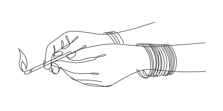 Woman's hand holding a lit match, continuous line art style