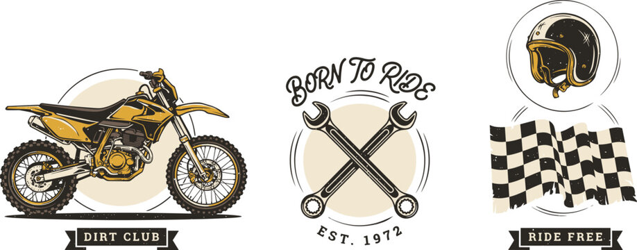 Vintage motocross motorcycle emblem vector illustration collection featuring dirt bike club badge with crossed wrenches racing helmet and checkered flag isolated on white background