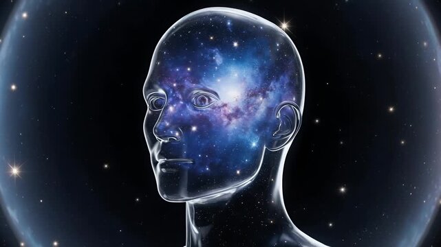 Human Head Silhouette with Galaxy Texture and Cosmic Stars Animation Frame